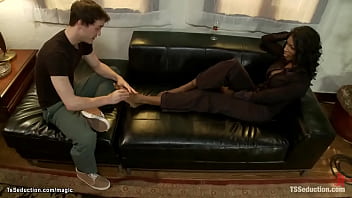 Ebony shemale Dean Natassia Dreams gets foot massage from student CJ then ties him and fucks in mouth and tight ass with big black cock
